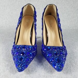 MMJUOLY Royal‎ Blue Rhinestone Stiletto Heels Pointed Toe Pumps Size 9.5 Party